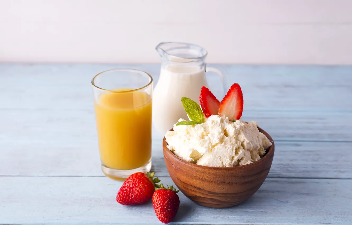 Photo wallpaper milk, strawberry, juice, cheese