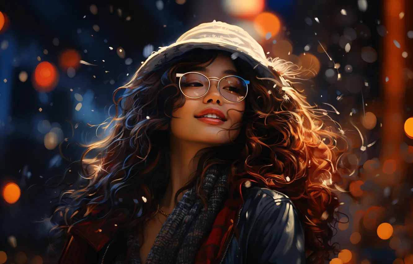Photo wallpaper girl, joy, night, smile, hair, new year, hat, glasses