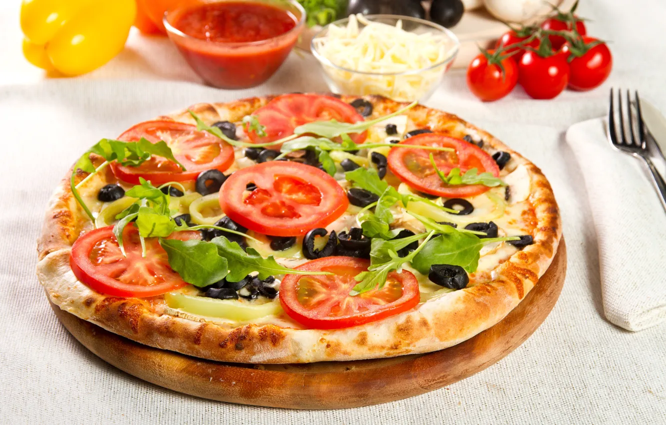 Photo wallpaper greens, food, cheese, pepper, plug, vegetables, pizza, tomatoes