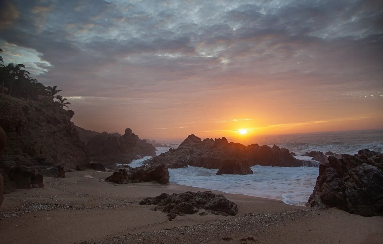 Photo wallpaper sea, sunset, rocks, coast
