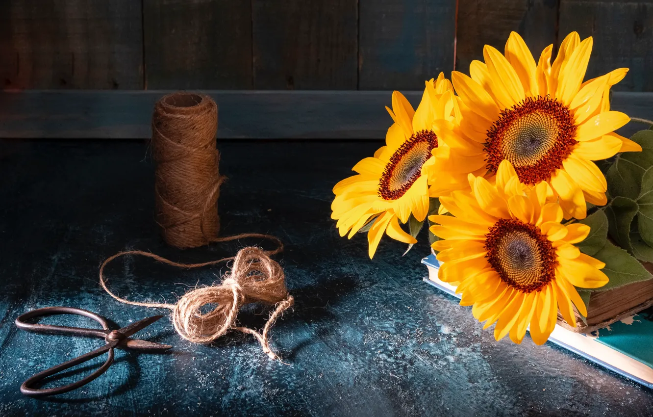Photo wallpaper sunflowers, style, books, twine, scissors, coil