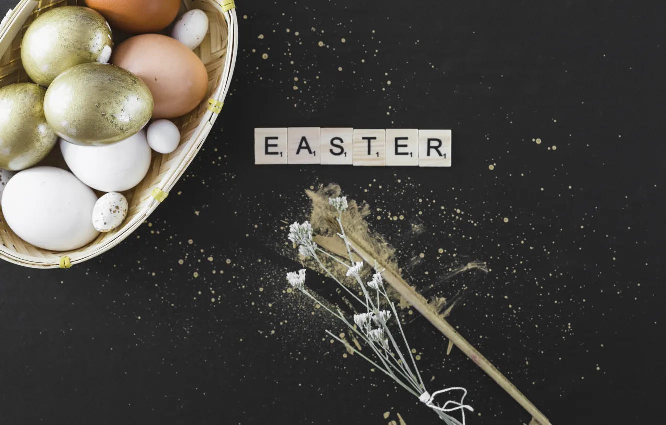 Photo wallpaper gold, eggs, Easter, Letters, Holiday