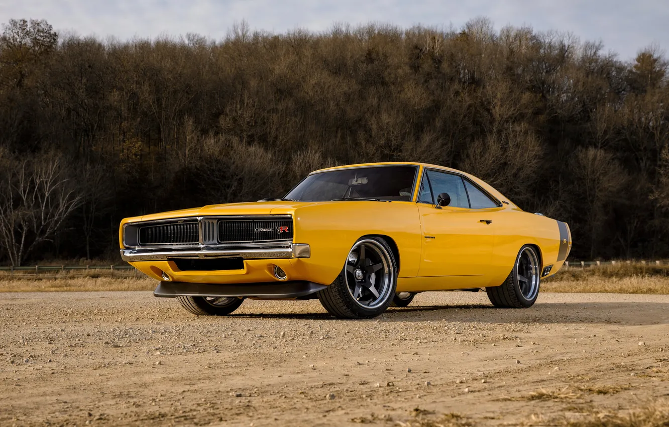 Photo wallpaper yellow, nature, Dodge, car, Charger