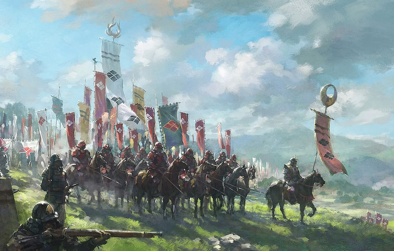 Photo wallpaper clouds, Japan, army, armor, flags, riders, peaks, samurai