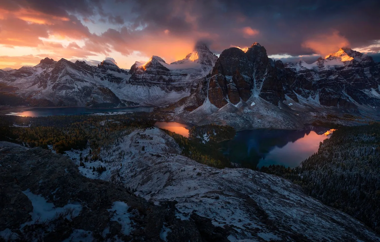 Photo wallpaper winter, autumn, clouds, snow, mountains, rocks, lake, the evening