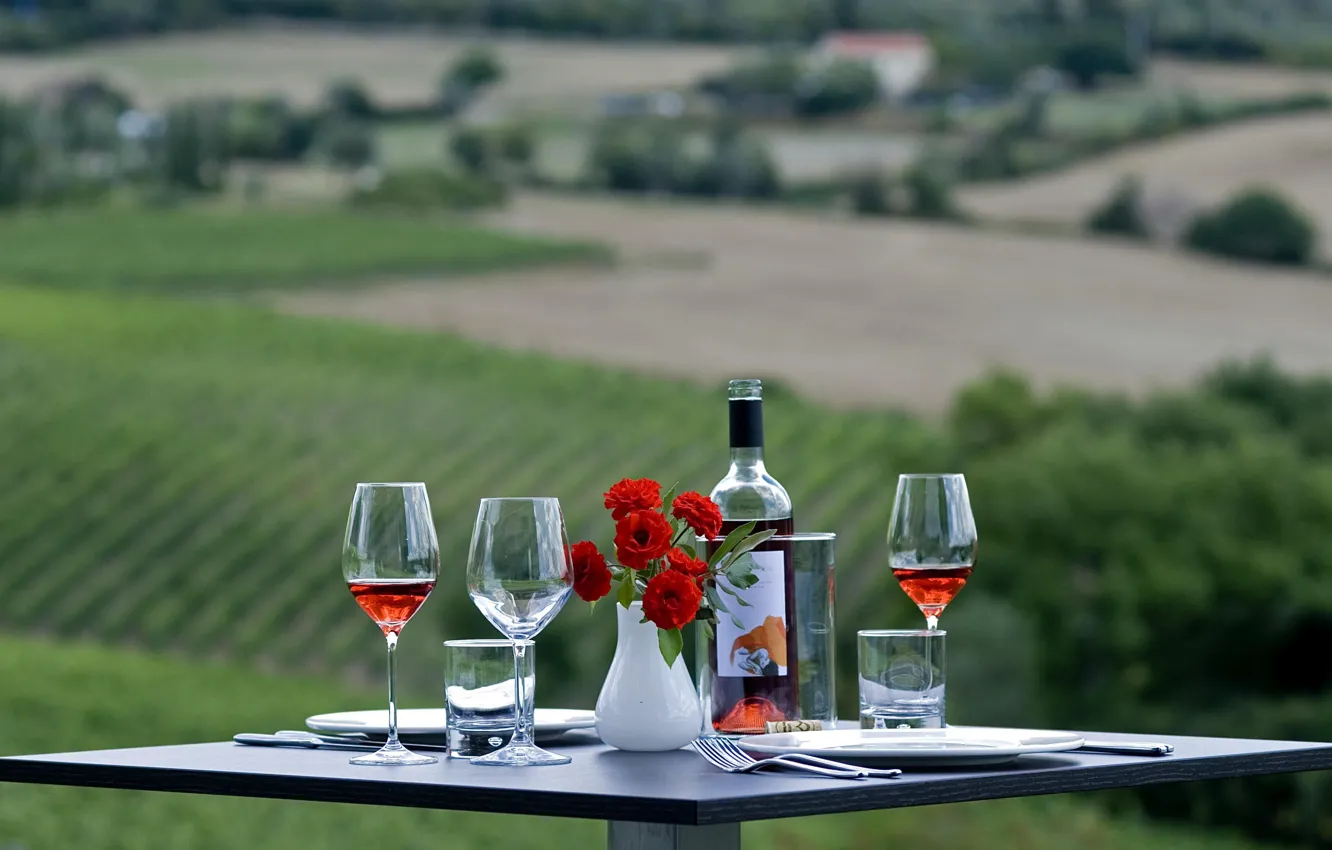 Photo wallpaper flowers, table, wine, glasses, nature