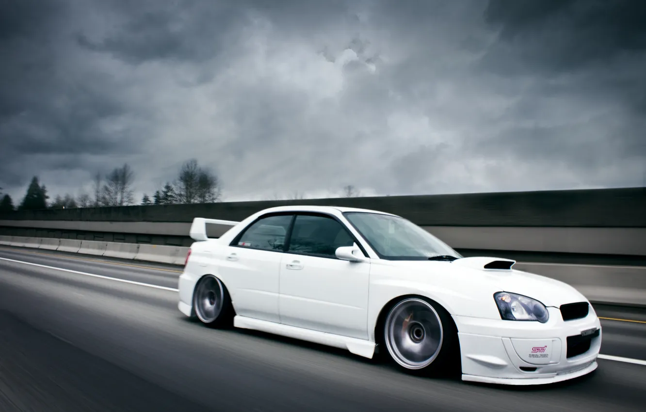 Photo wallpaper road, Subaru, Impreza, white, white, road, STI