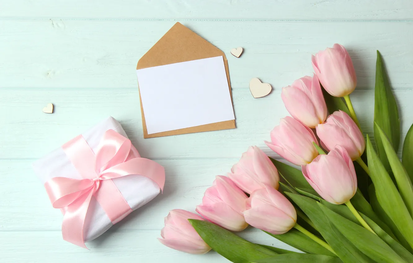 Photo wallpaper flowers, gift, bouquet, tulips, pink, wood, pink, flowers