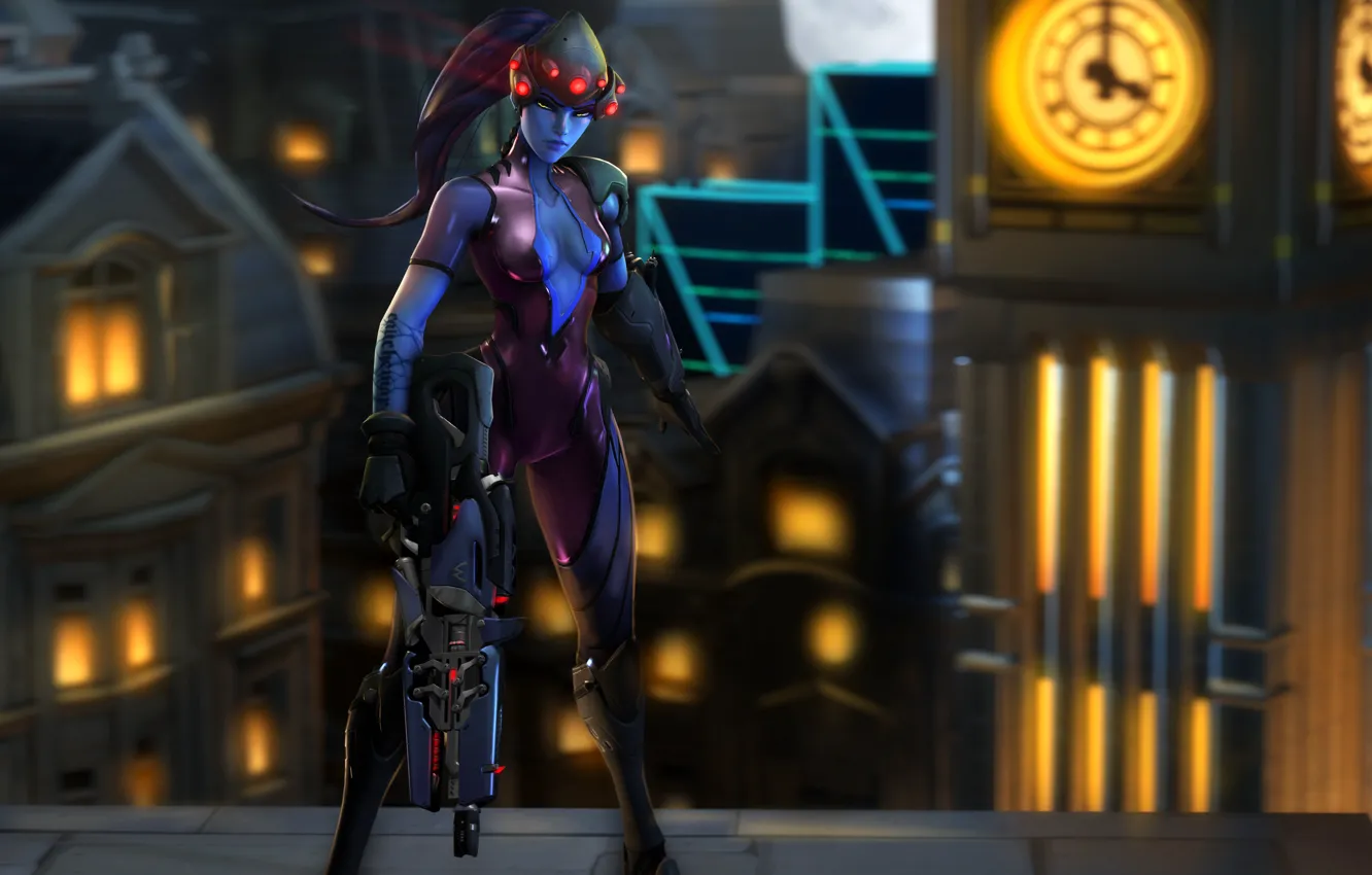 Photo wallpaper roof, girl, the city, tower, rifle, Overwatch, Widowmaker, Amélie Lacroix