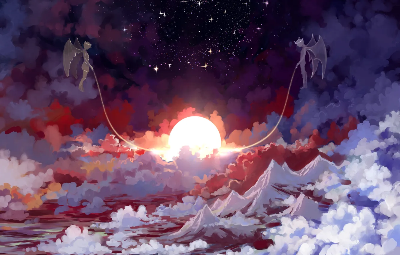 Photo wallpaper the sun, clouds, mountains, angel, stars, the demon, art