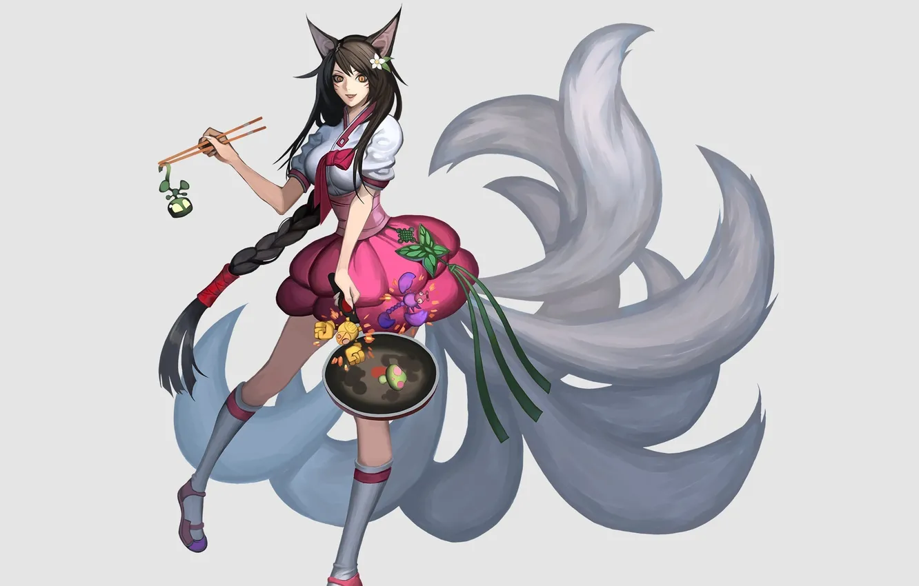 Photo wallpaper girl, joy, tail, vegetables, ears, art, Fox, League of Legends