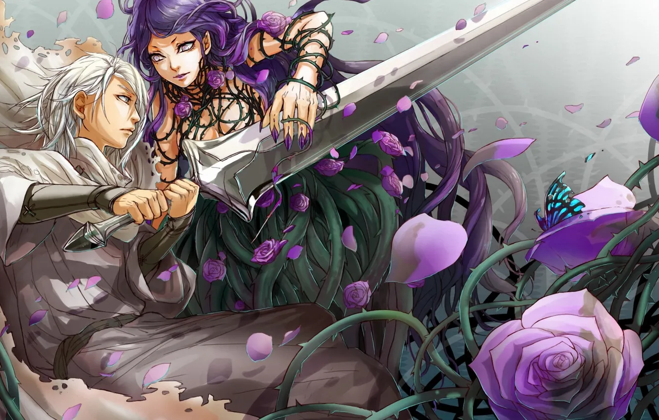 Photo wallpaper girl, flowers, butterfly, roses, sword, art, spikes, claws