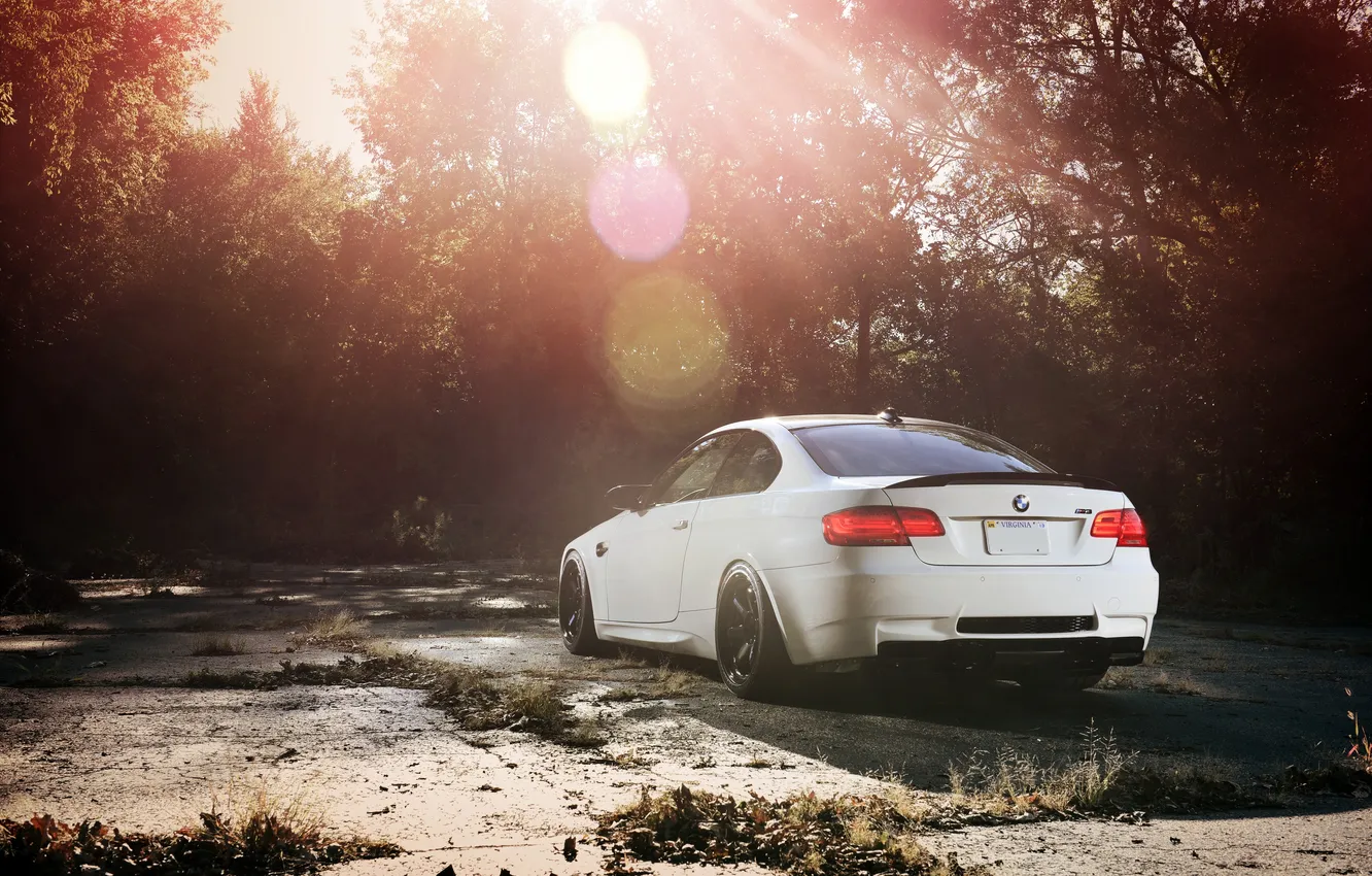 Photo wallpaper white, trees, glare, BMW, shadow, BMW, white, rear view
