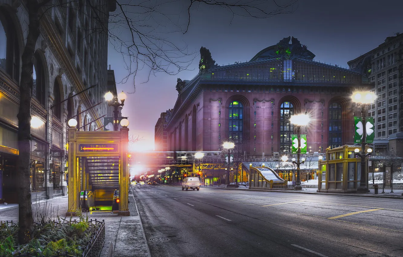 Photo wallpaper road, machine, the city, lights, street, the evening, Chicago
