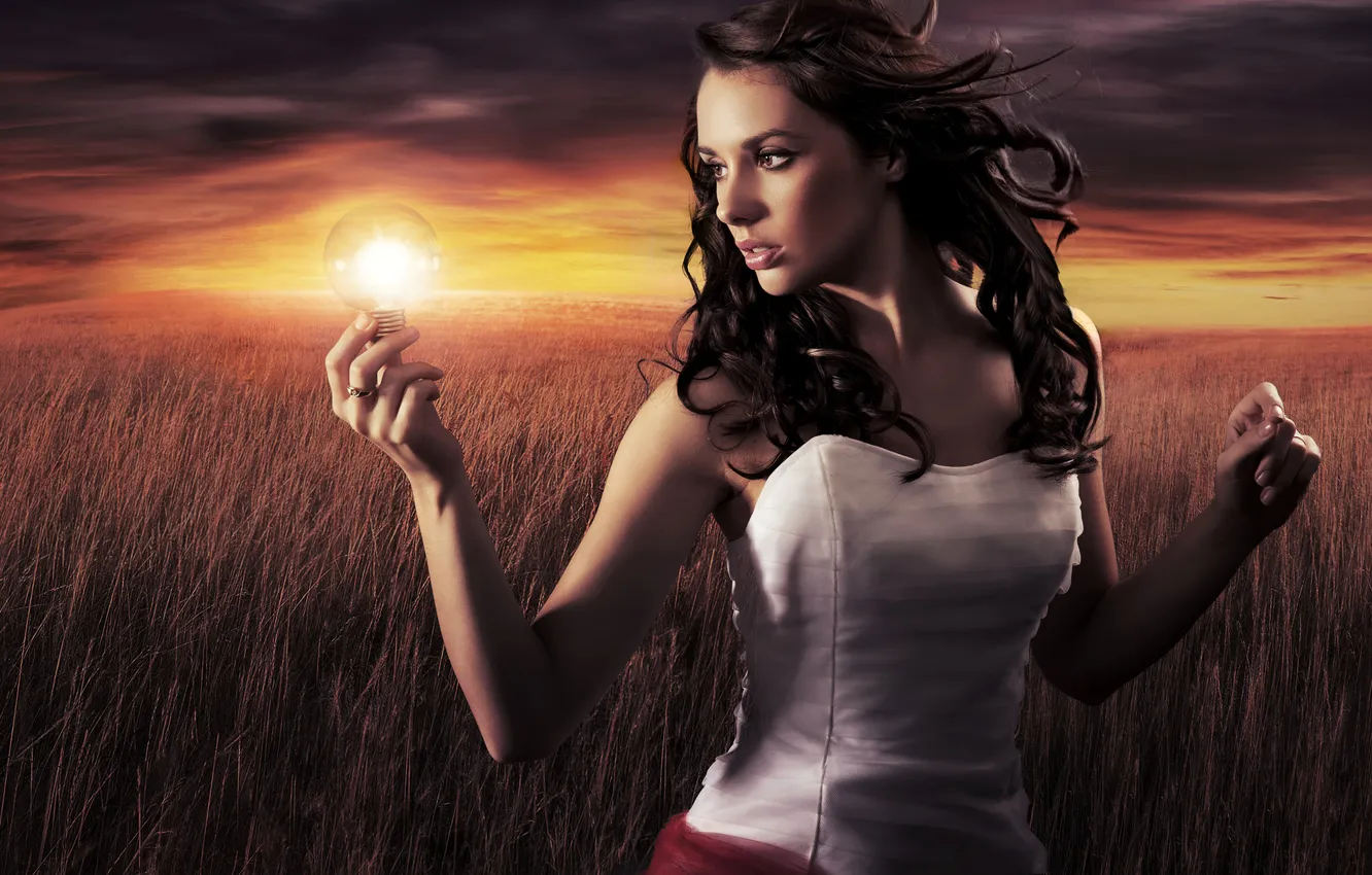 Photo wallpaper girl, creative, lamp, profile, brown hair, curls, brown-eyed