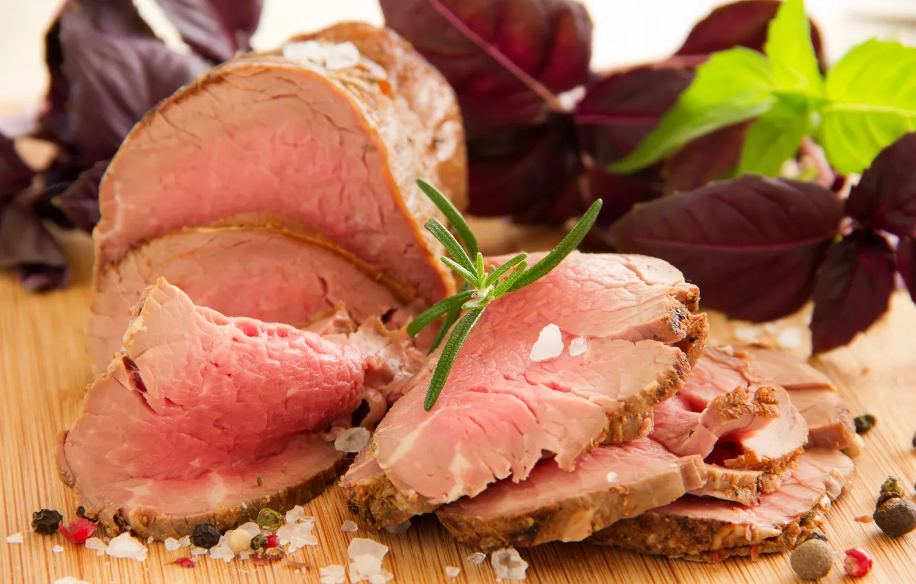 Photo wallpaper greens, meat dish, Medium Rare cooked beef Roast