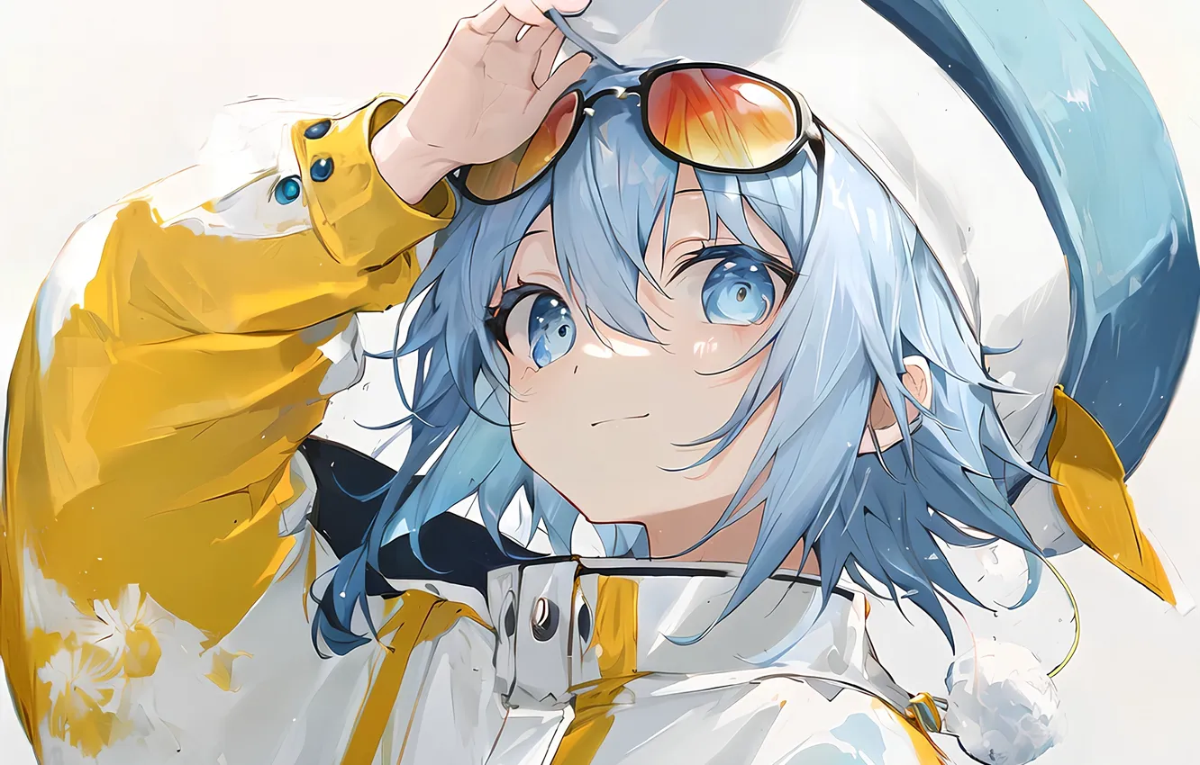 Photo wallpaper glasses, girl, blue eyes, blue hair, takes, the hand on the head, yellow jacket, by …