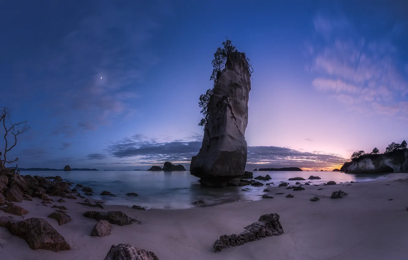 Photo wallpaper beach, landscape, rock, stones, the ocean, dawn, twilight, Cathedral Cove