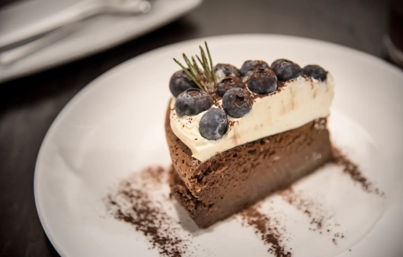 Photo wallpaper chocolate, blueberries, cake, cream, dessert, chocolate souffle
