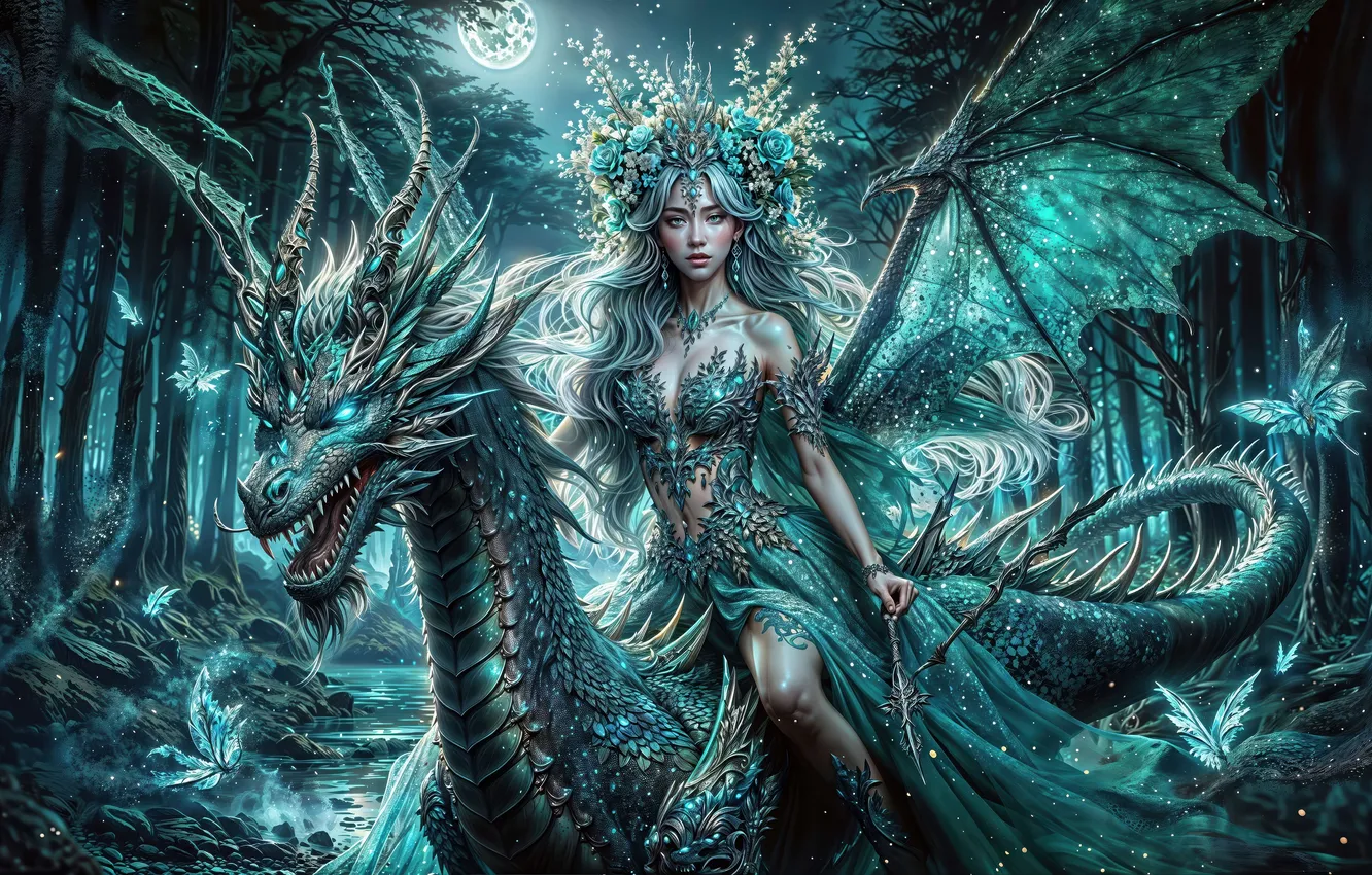Photo wallpaper girl, dragon, being, fantasy