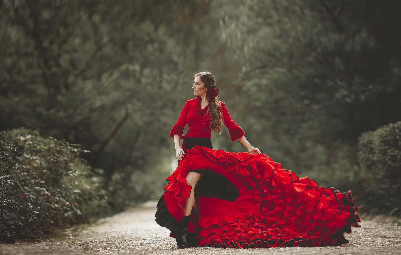 Photo wallpaper girl, face, style, background, hair, dress, legs, chic