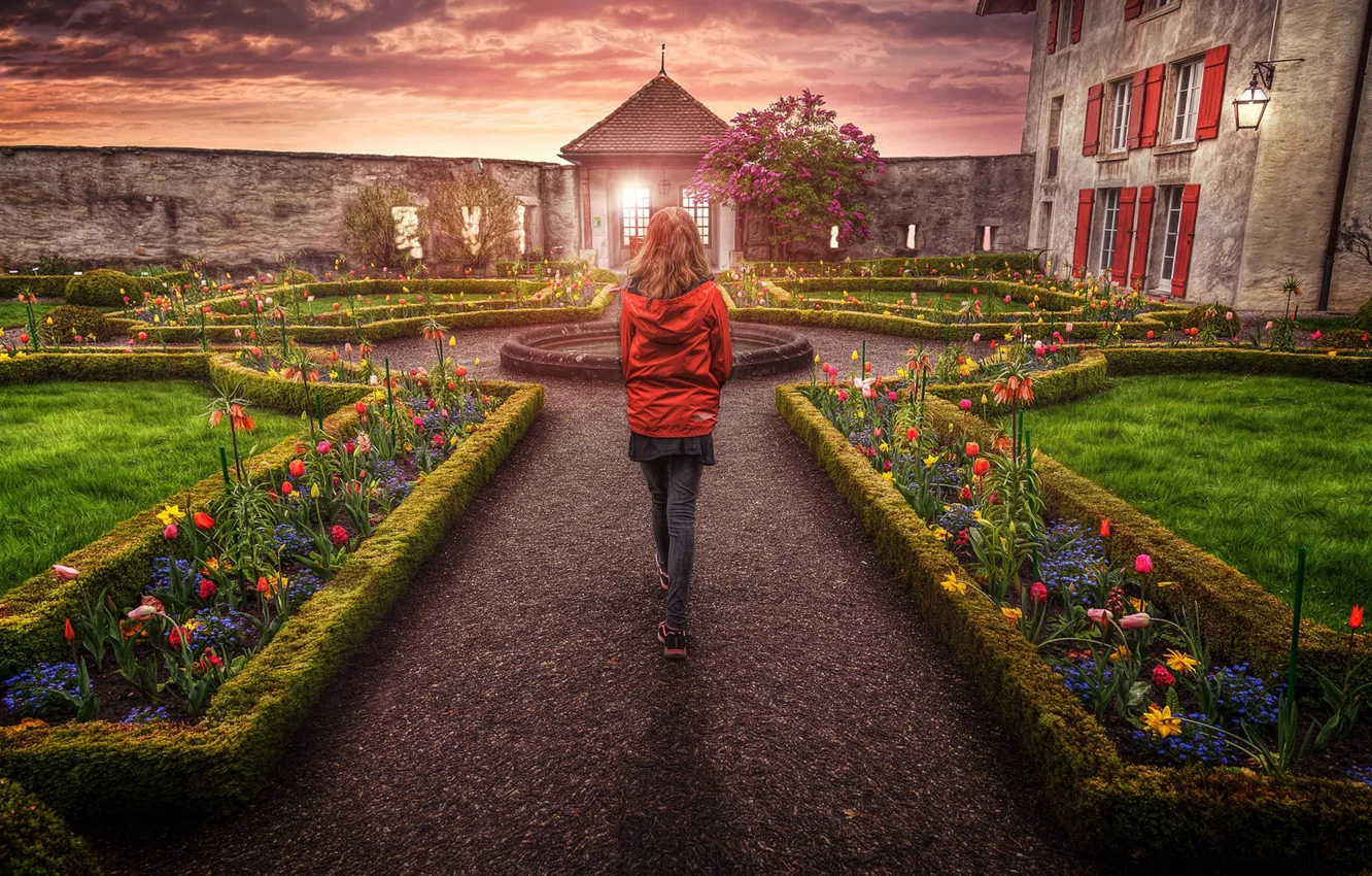 Photo wallpaper girl, sunset, flowers, castle, back, Switzerland