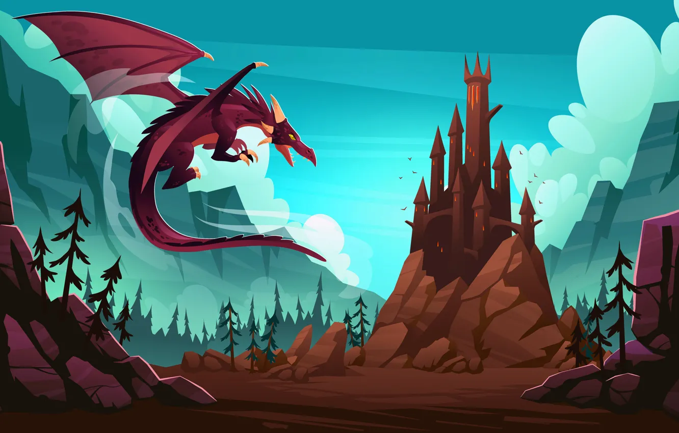 Photo wallpaper Mountains, Dragon, Rocks, Forest, Castle, Wings, Vector graphics