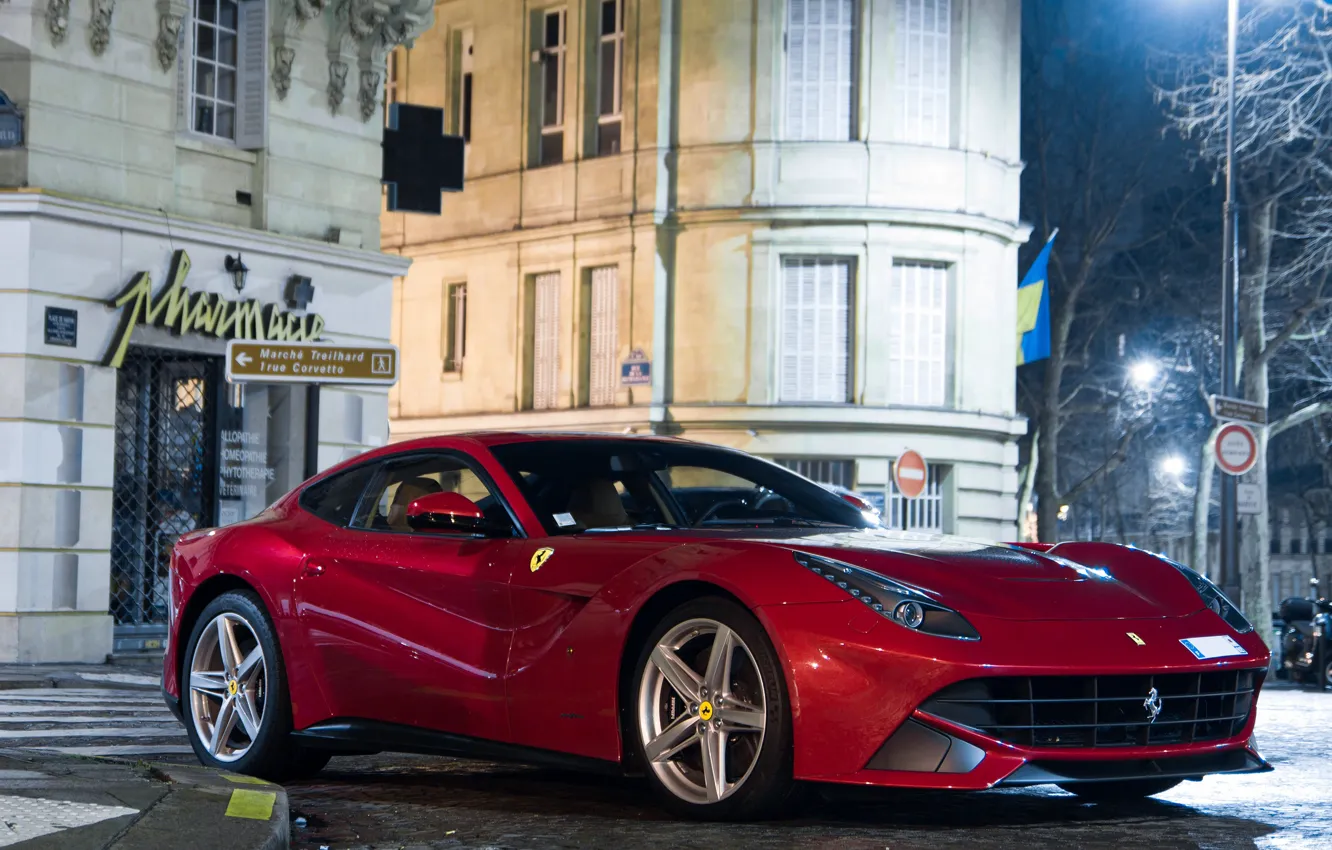 Photo wallpaper night, red, street, building, Ferrari, red, Ferrari, night