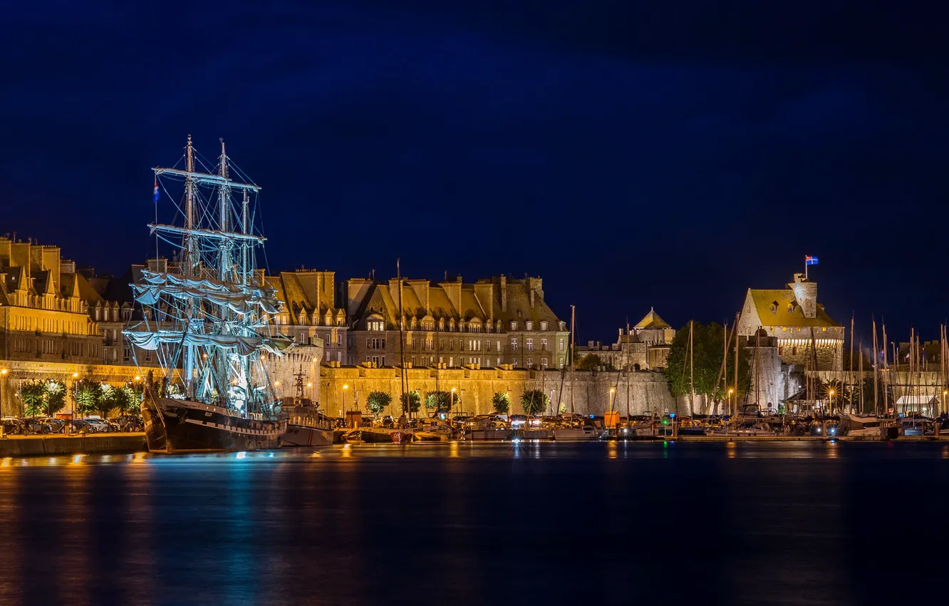 Photo wallpaper night, lights, France, ship, home, sailboat, yachts, boats