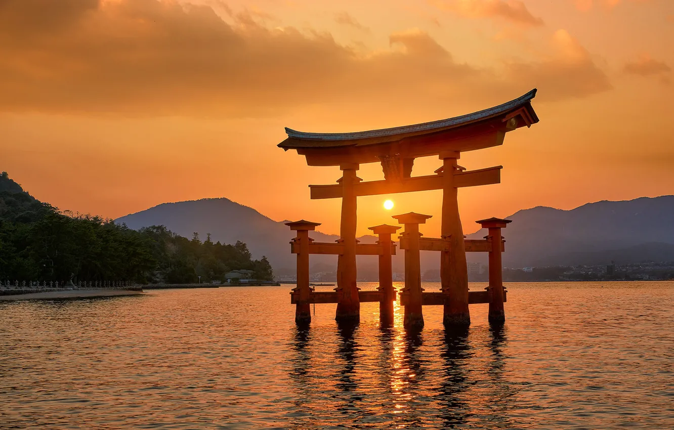 Photo wallpaper sea, sunset, mountains, Japan, Japan, the gates, torii, Itsukushima Shrine