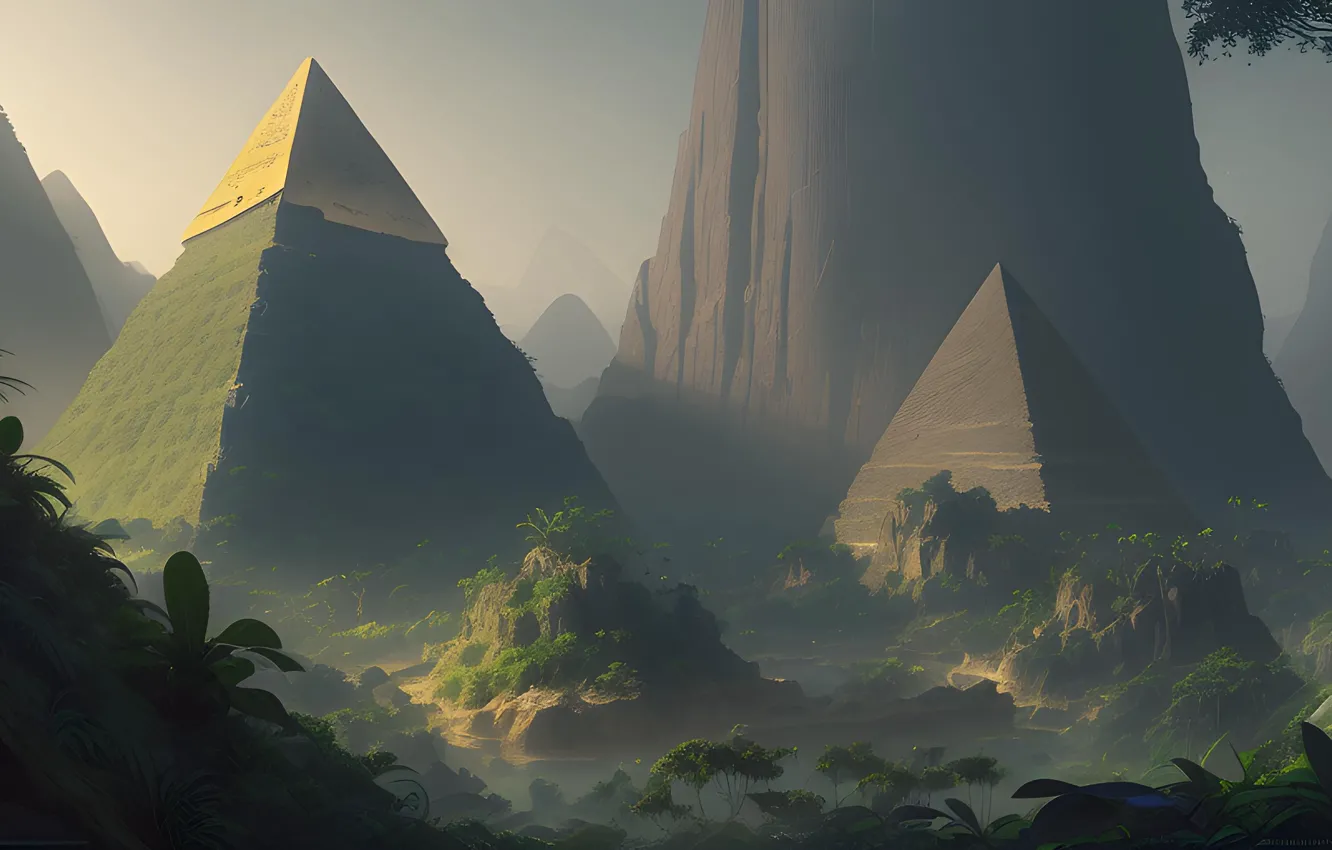 Photo wallpaper forest, fog, rock, pyramid, jugnle