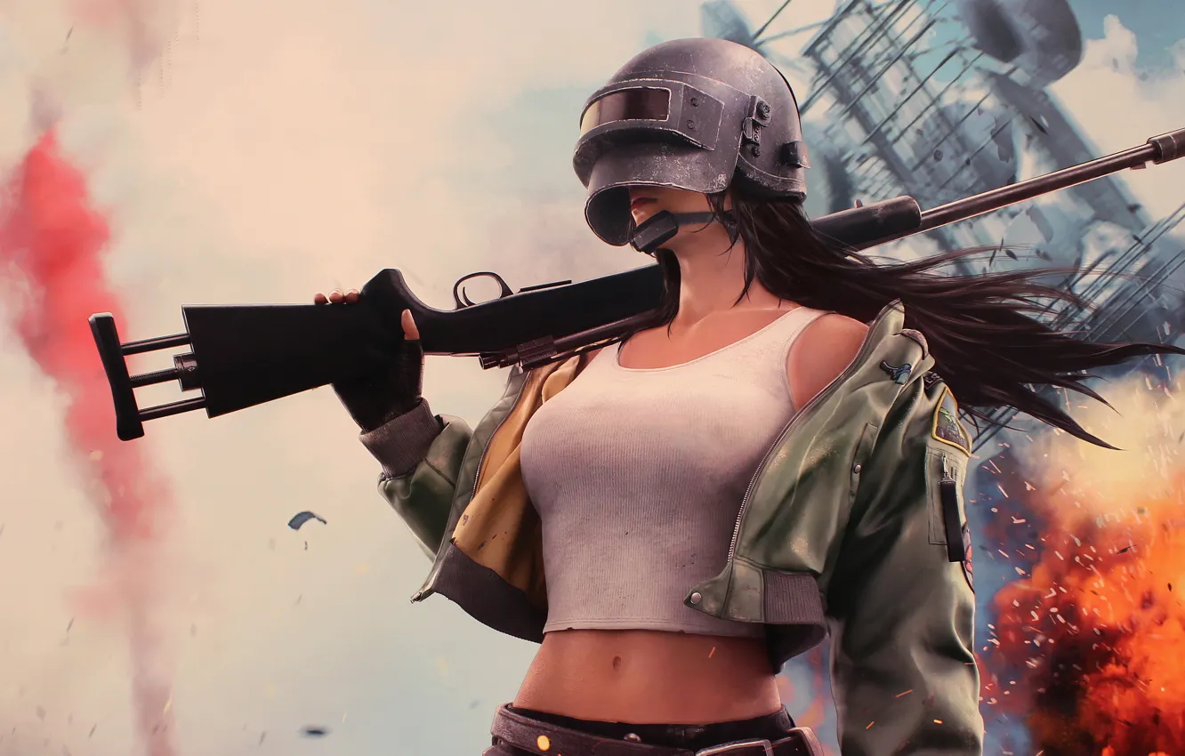Photo wallpaper girl, weapons, helmet, Woman Warrior, PlayerUnknown's Battlegrounds
