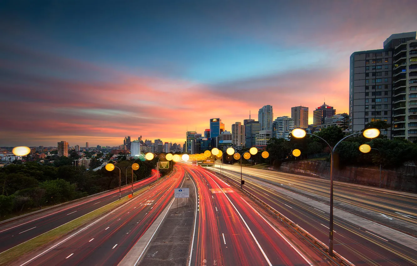 Photo wallpaper road, sunset, the city, track, lights, Sydney
