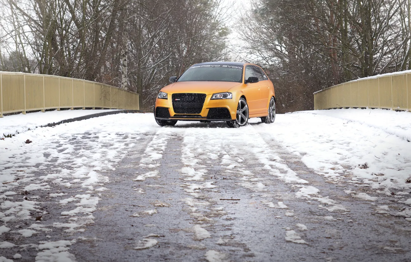 Photo wallpaper road, snow, Audi, car, front view, Spirtback, Schwabenfolia, RS3