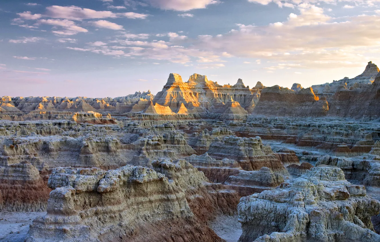 Photo wallpaper clouds, sunset, horizon, USA, United States, sunset, Badlands National Park, South Dakota