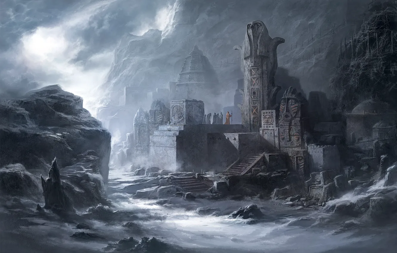 Photo wallpaper dark, fantasy, mountains, people, ruins, artwork, fantasy art, Wizards