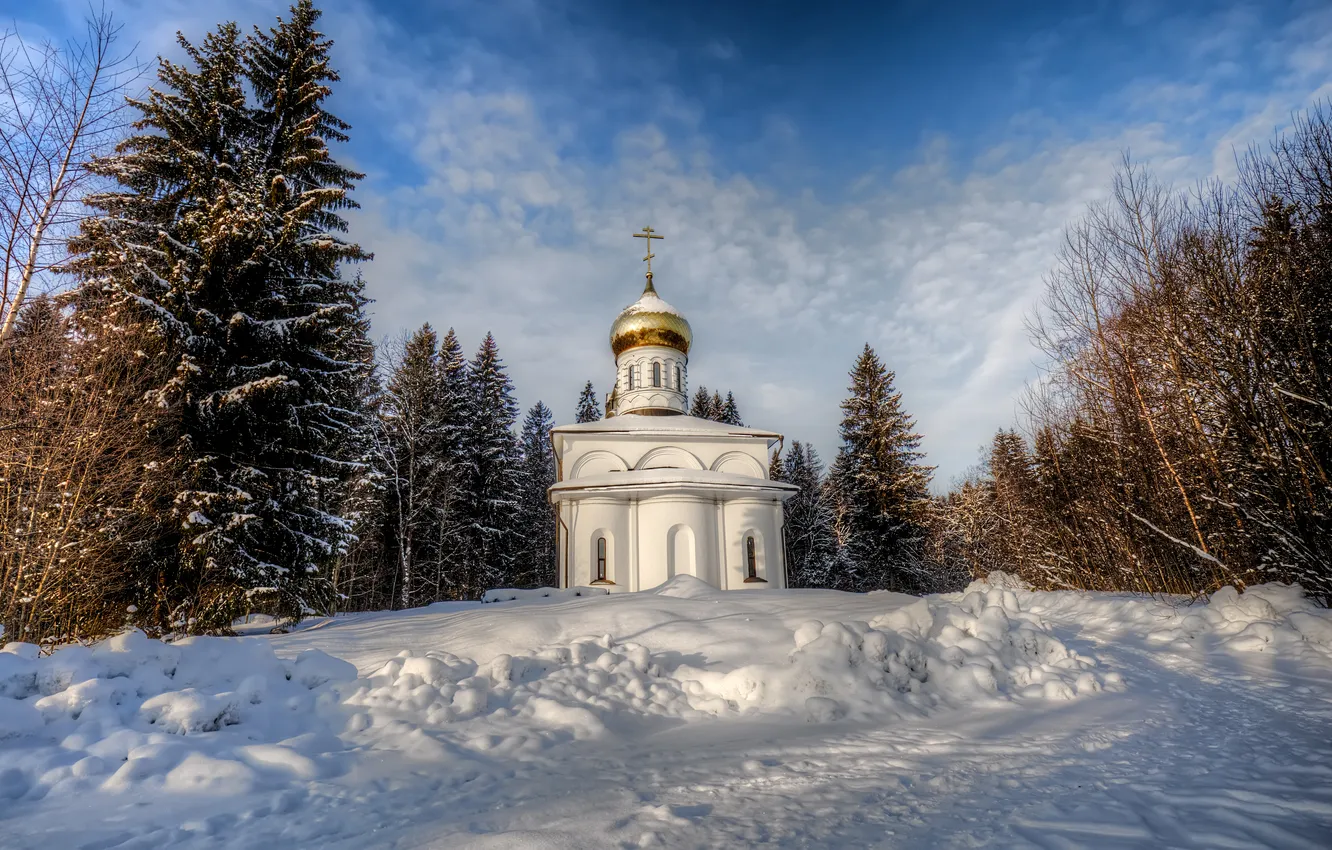 Photo wallpaper winter, snow, landscape, nature, morning, frost, Church