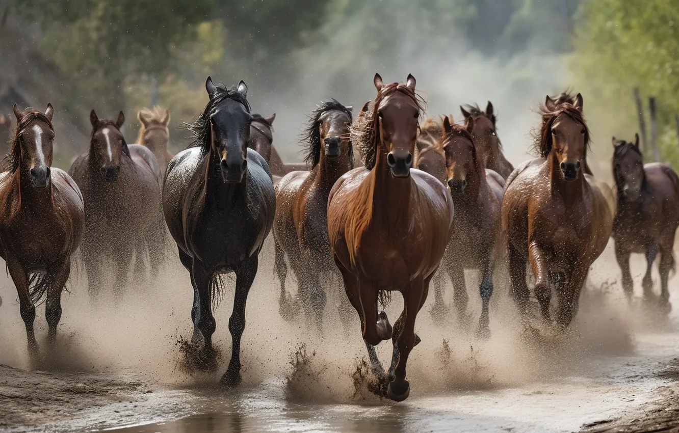 Photo wallpaper horse, horse, running, the herd, digital art, AI art, The Art of Artificial Intelligence, neural …