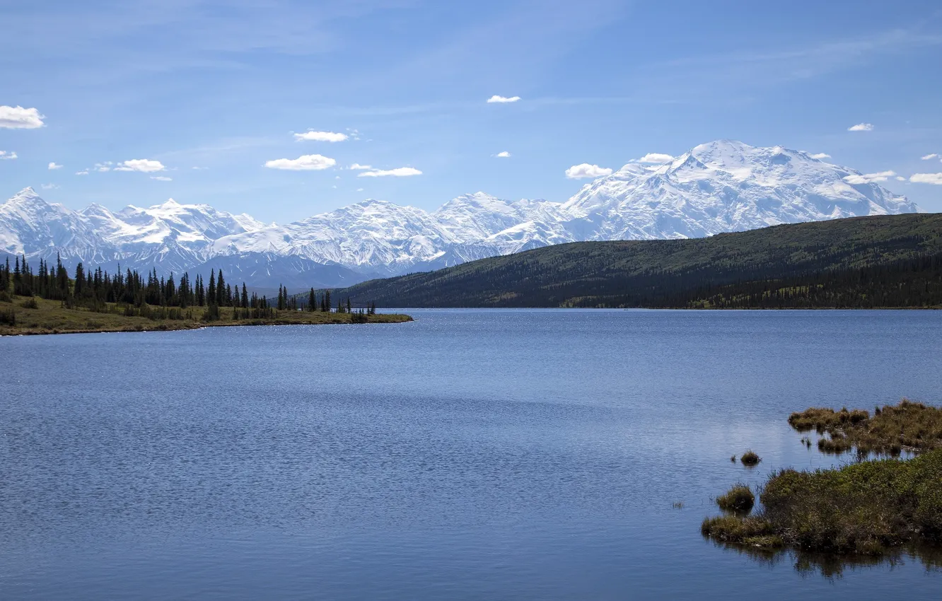 Photo wallpaper mountains, Alaska, Alaska, Denali National Park, water surface, Alaska range, Denali national Park, lake vonder
