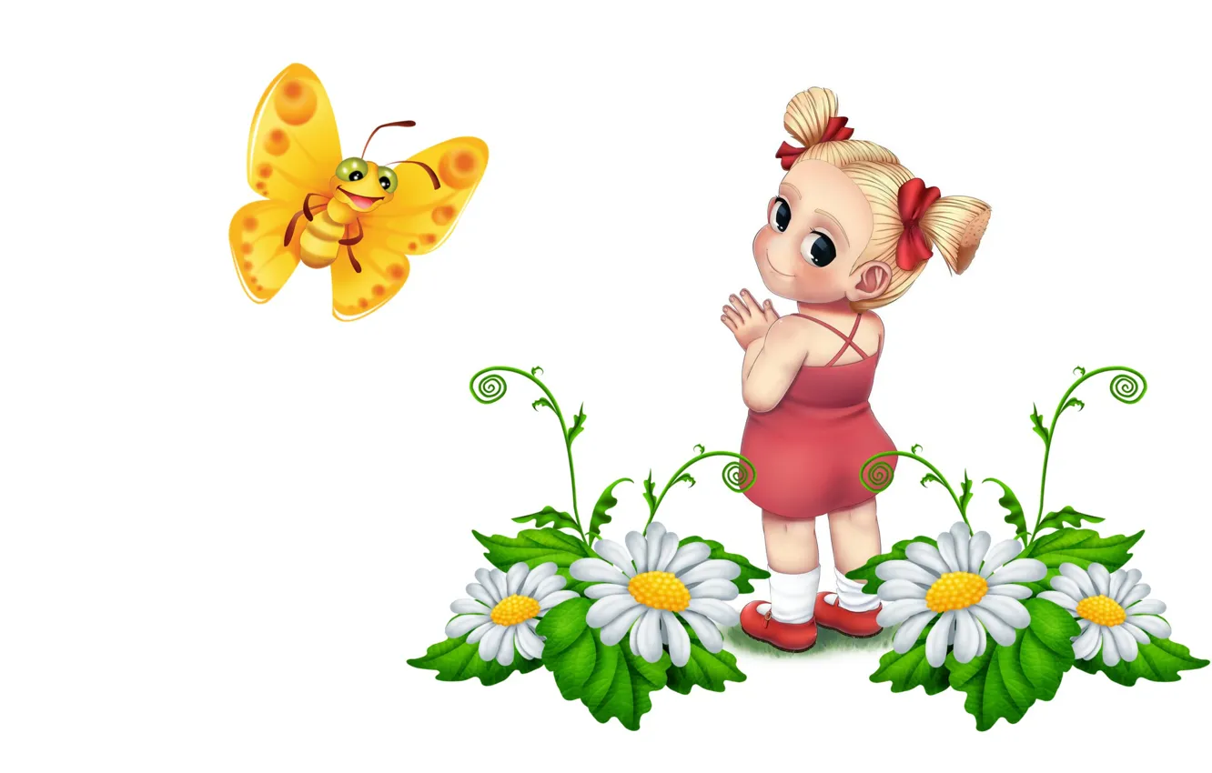 Photo wallpaper summer, mood, butterfly, chamomile, art, girl, children's