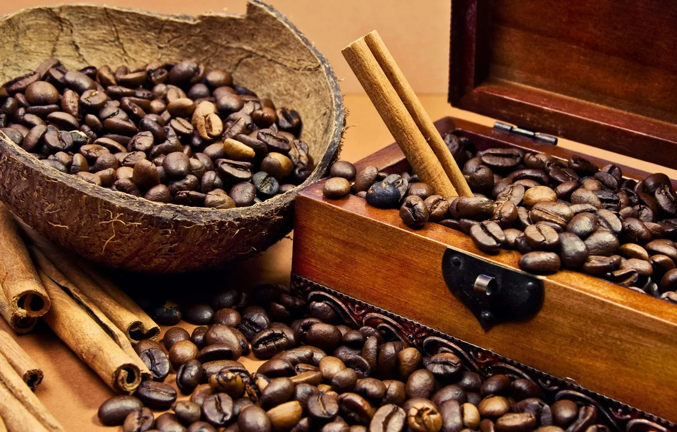 Photo wallpaper coffee, coffee beans, wooden box