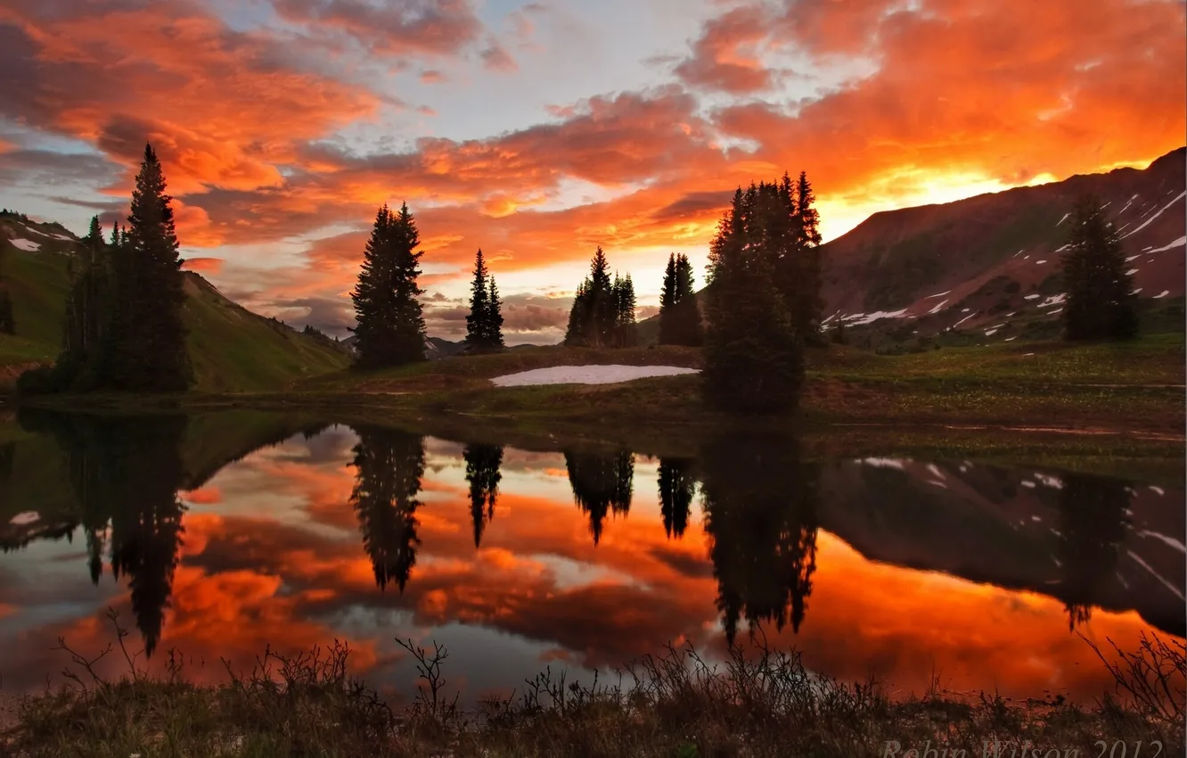 Photo wallpaper trees, sunset, mountains, lake, reflection