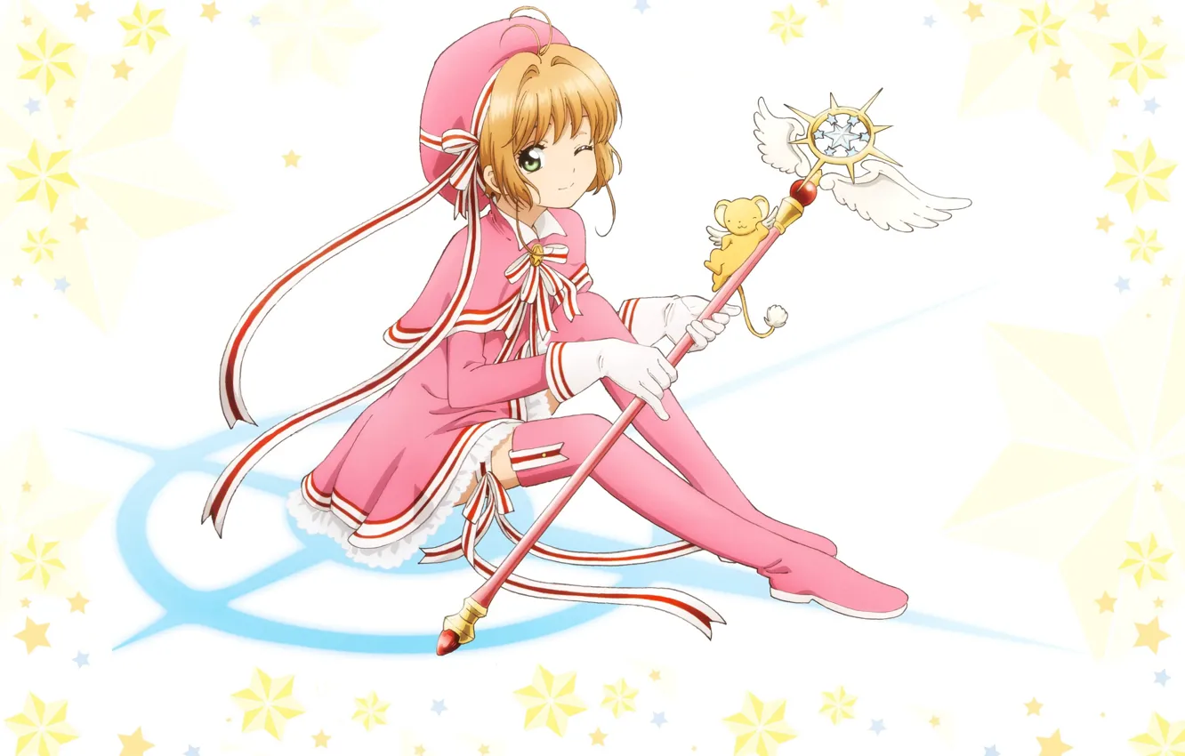 Photo wallpaper gloves, rod, stars, takes, Card Captor Sakura, wink, Sakura - collector cards, Sakura Kinomoto