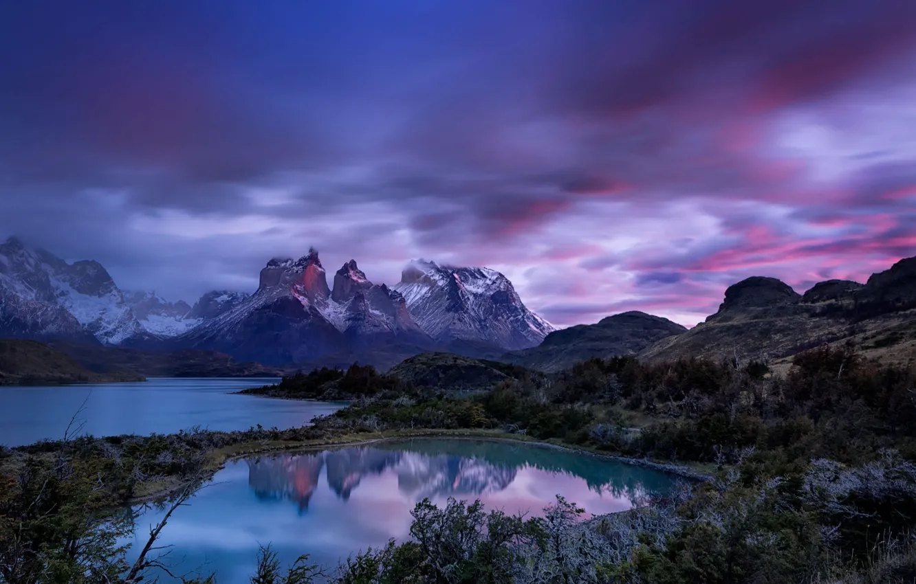 Photo wallpaper clouds, landscape, sunset, mountains, nature, lake, vegetation, Chile