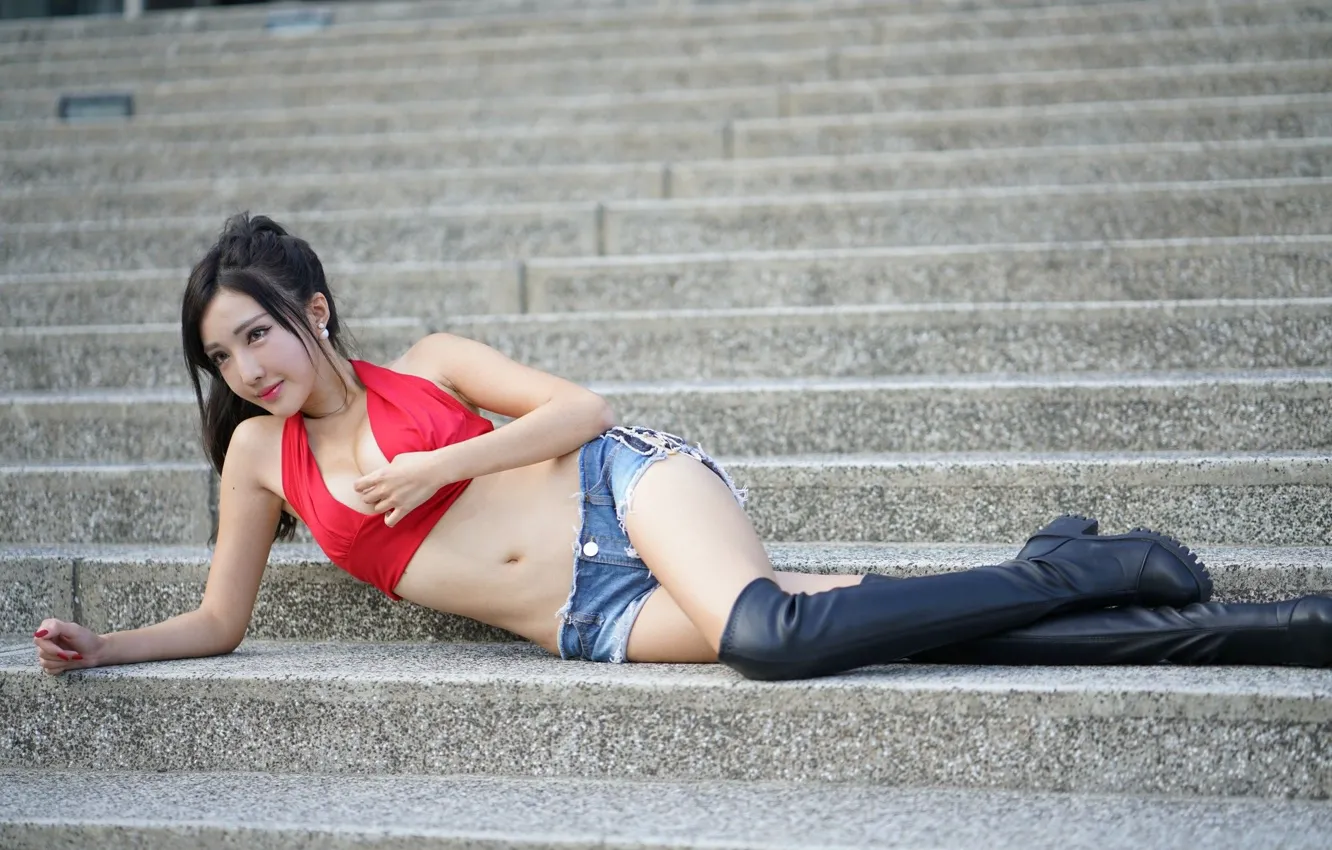 Photo wallpaper girl, model, shorts, boots, Asian, cute