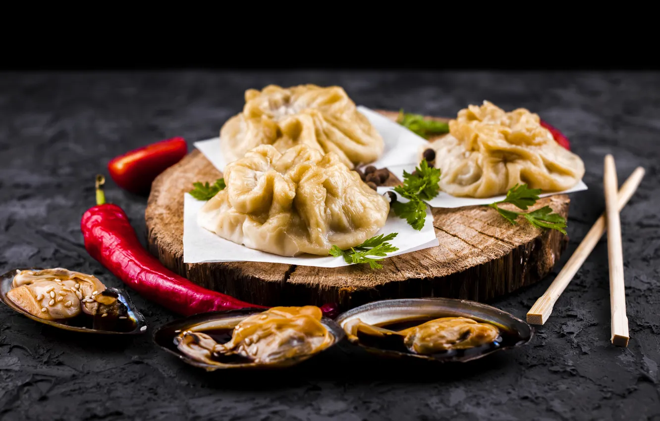 Photo wallpaper asian, front view, dumplings, Oysters