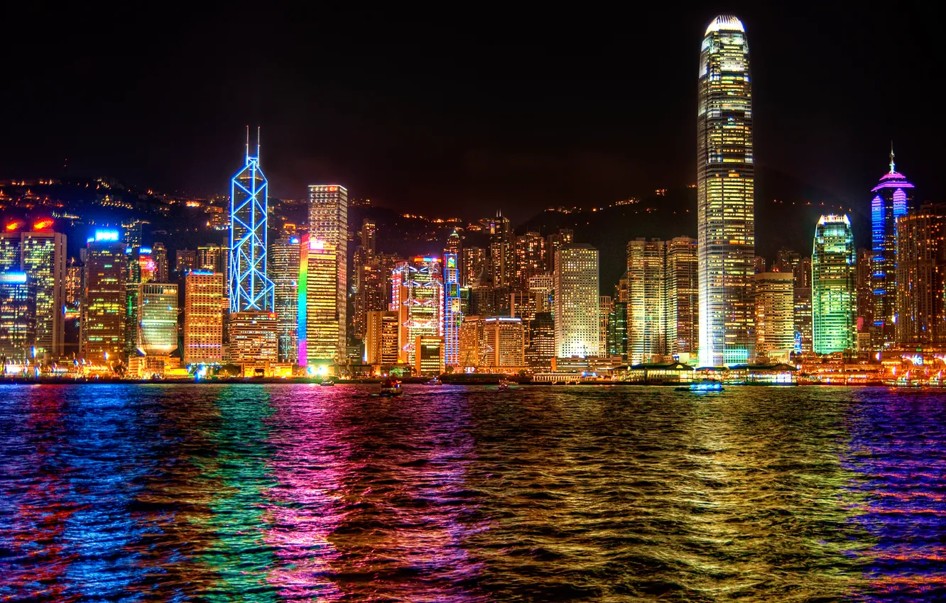 Photo wallpaper the city, lights, reflection, the evening, Hong Kong