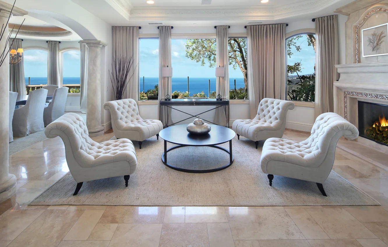 Photo wallpaper sea, design, Villa, chair, window, fireplace, curtains, luxury