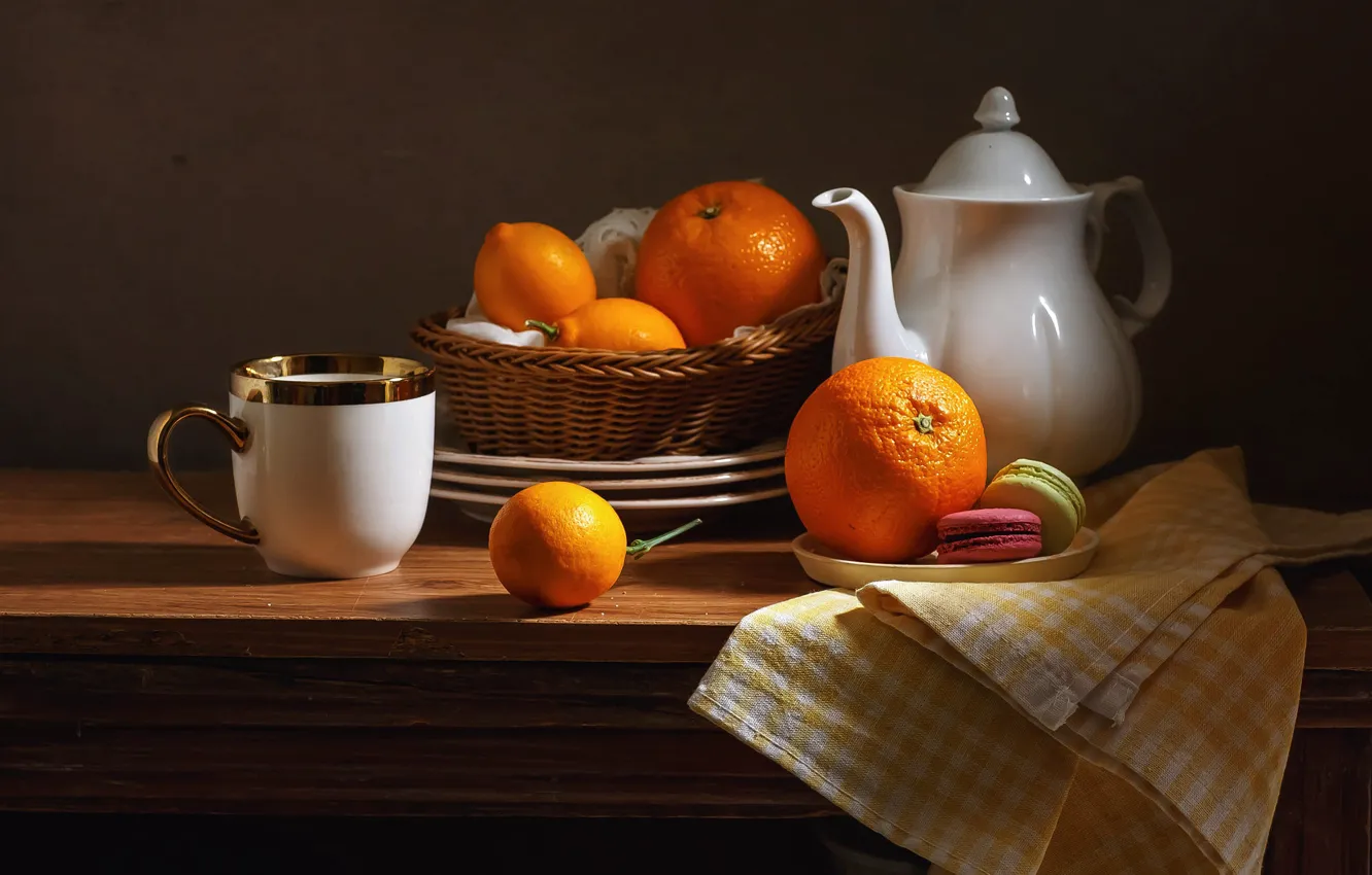 Photo wallpaper table, lemon, orange, towel, kettle, cookies, plate, mug