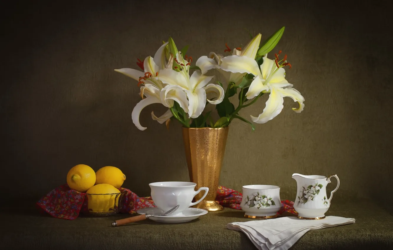 Photo wallpaper Lily, Cup, still life, lemons, set, elegance